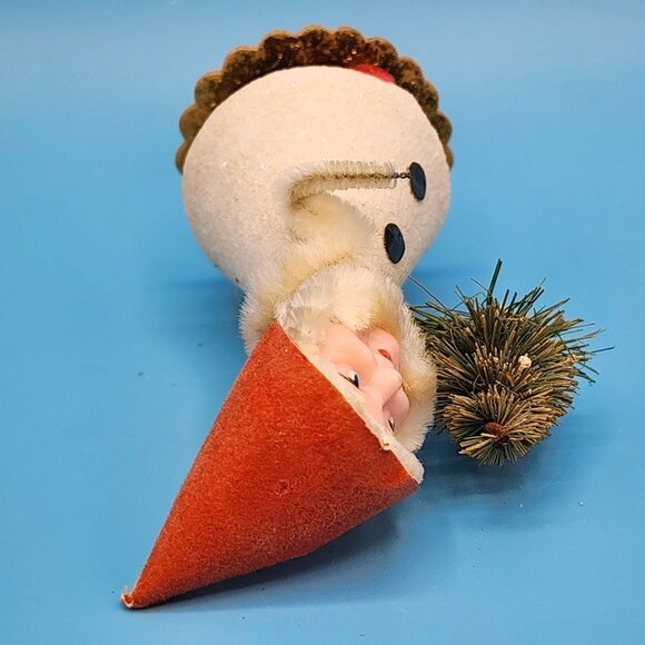 1950s Putz Elf Ornament Bottle Brush Tree Red Flocked Hat Spun Cotton Celluloid - Picture 6 of 8